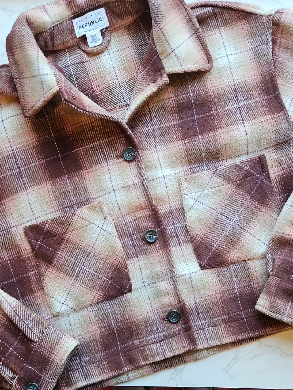 For The Republic Plaid Cropped Flannel Button-Up Jacket - Rust & Cream M